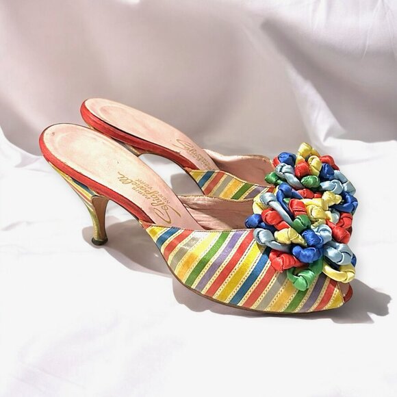 Vintage Schiaparelli Rainbow Satin Heels –1950s 60s Mules with Ribbon Rosette, - Picture 1 of 16